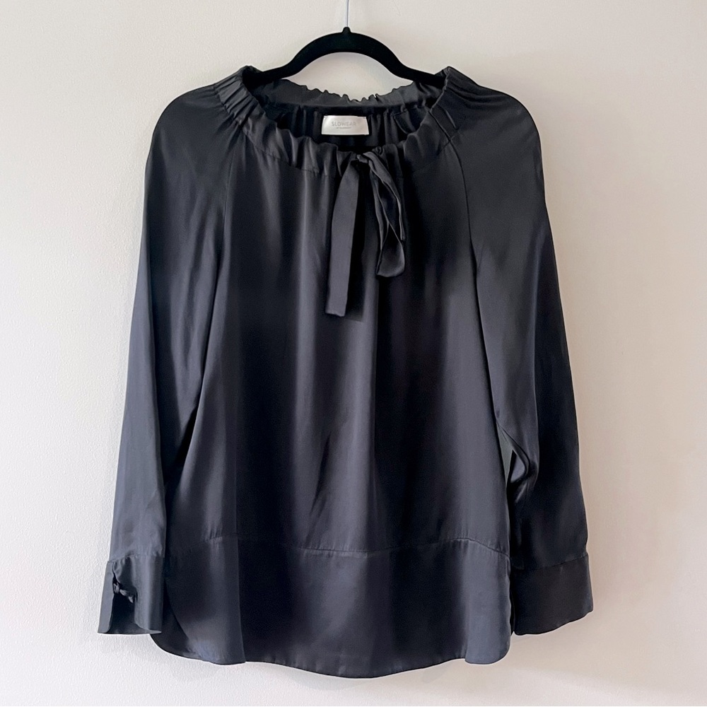 Slowear by Glanshirt Designer 100% Silk Blouse Top, Black, Size 38 or Large